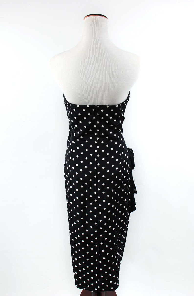 1980/'s Black Polka-dot Strapless Sarong Sweetheart Rose Dress