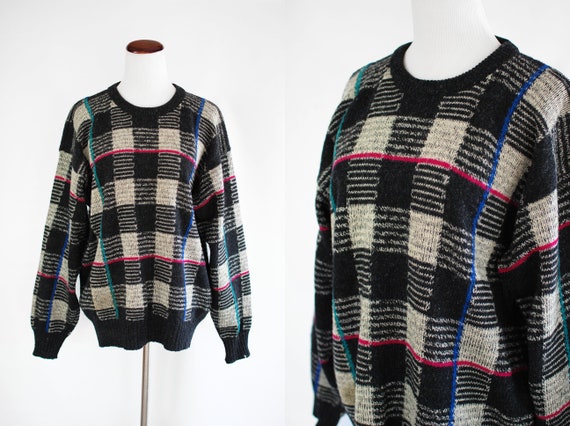 1980's Checkered Shetland Wool Knit Pullover Swea… - image 1