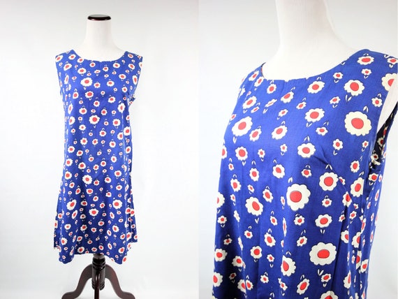 1960's Mod Blue Cotton Daisy Print Mini Sleeveless