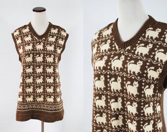 1970's Brown Cat Novelty Wool Knit V-neck Sweater Vest