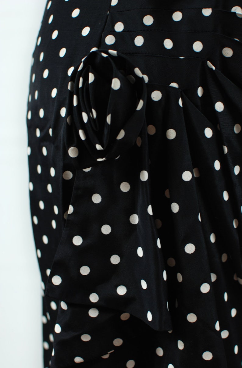 1980/'s Black Polka-dot Strapless Sarong Sweetheart Rose Dress