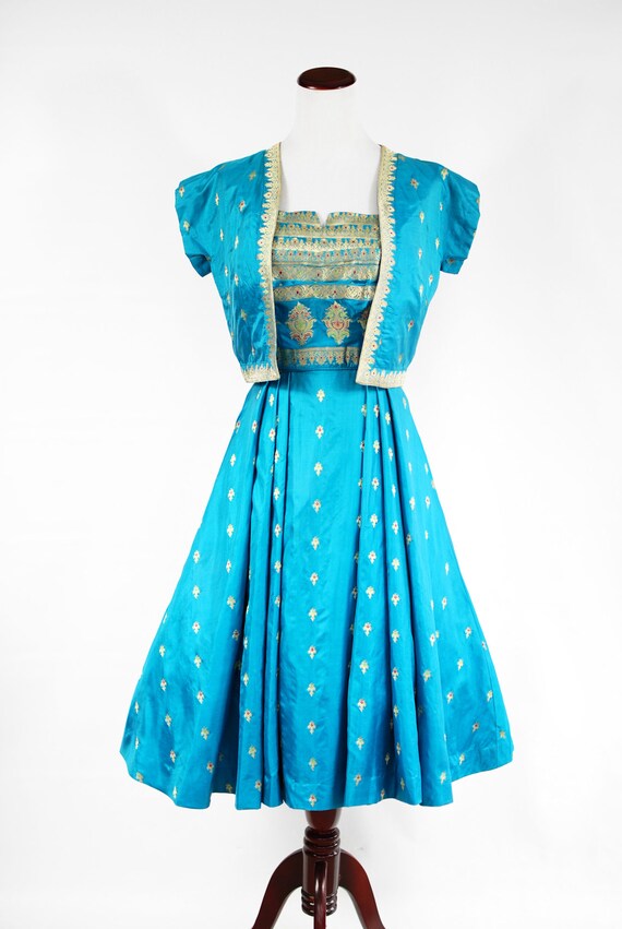 1950's Teal Blue Silk Gold Embroidered Indian Dre… - image 2