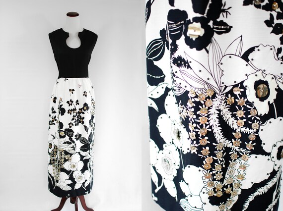 1960's Beaded Sequin Black & White Floral Sleevel… - image 1