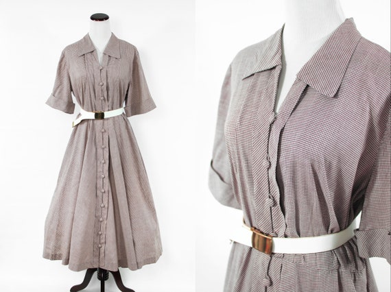 1950's Brown Gingham Cotton Short-sleeve Shirtdres
