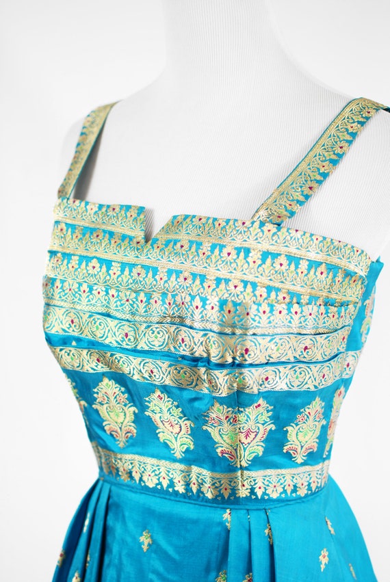 1950's Teal Blue Silk Gold Embroidered Indian Dre… - image 9