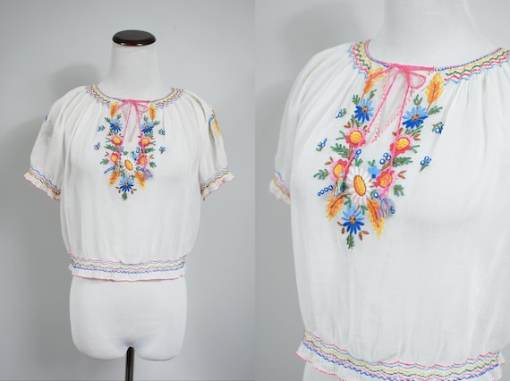 1930's White Cotton Floral Embroidered Hungarian P
