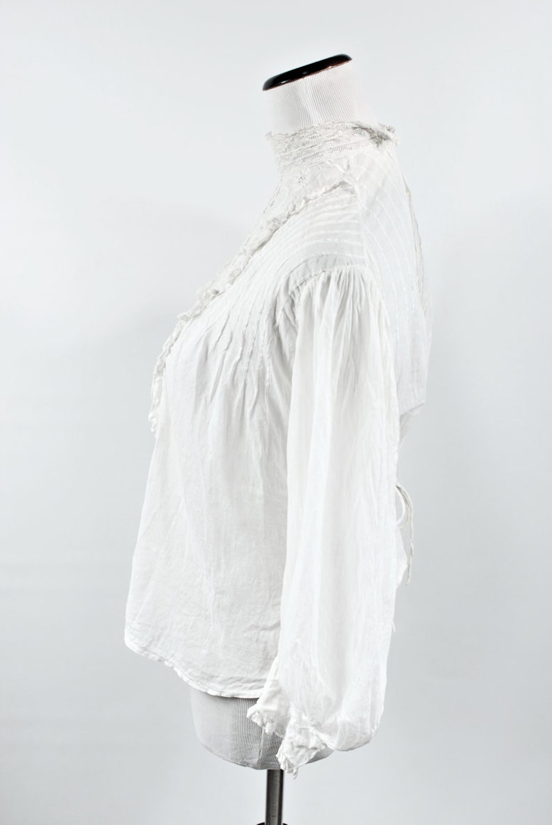 1910/'s Edwardian White Cotton Floral Embroidered Lace Long-sleeve Blouse