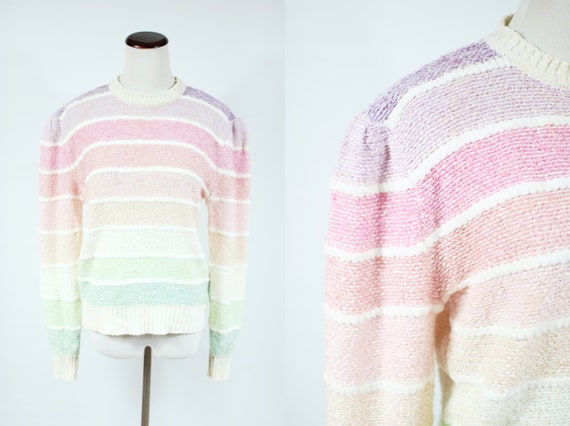 1980's Pastel Rainbow Stripe Puff-sleeve Pullover