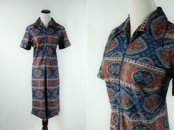1970's Paisley Floral Zipper Short-sleeve Dress