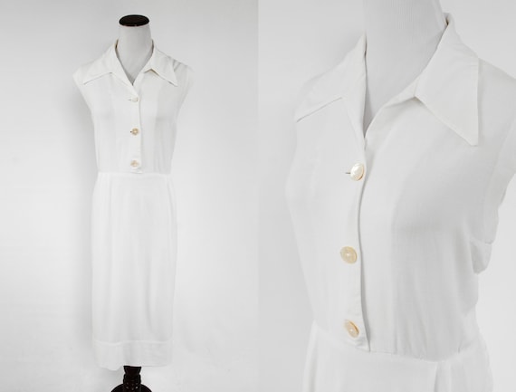 1950's White Sleeveless Button-up Dress