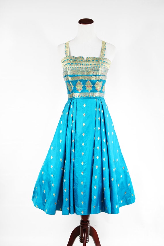1950's Teal Blue Silk Gold Embroidered Indian Dre… - image 3
