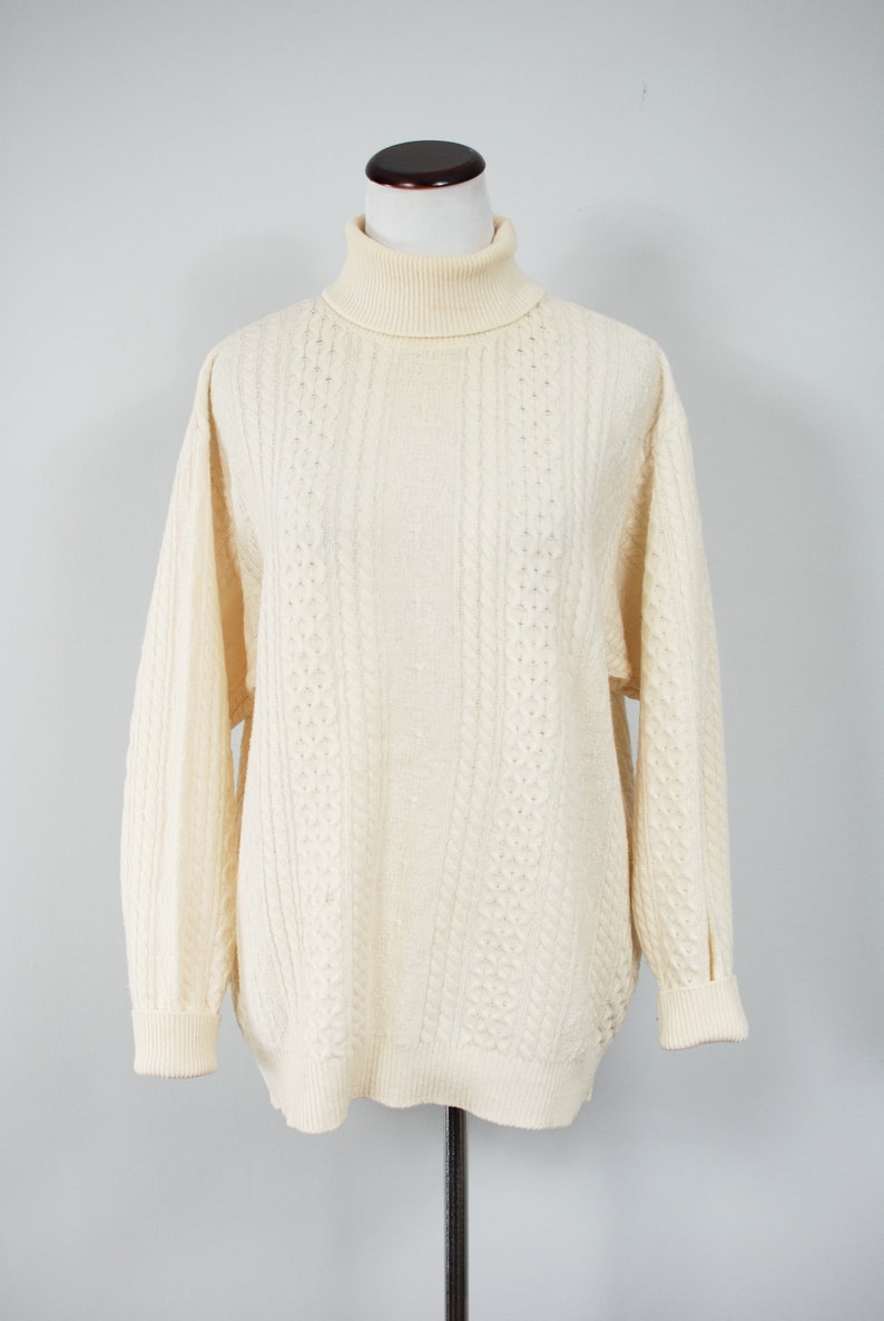 1980/'s Cream Lambswool Fisherman Italian Turtleneck Sweater