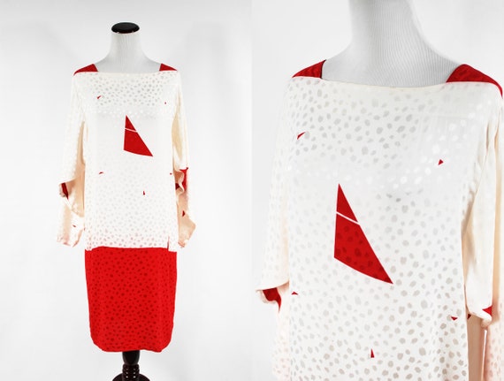 1980's 'Flora Kung' Red & Ivory Silk Geometric Pri