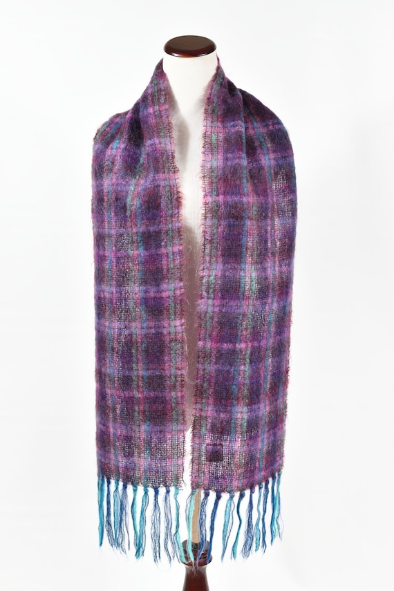 1960's Purple & Blue Plaid Mohair/ Wool Long Knit… - image 2