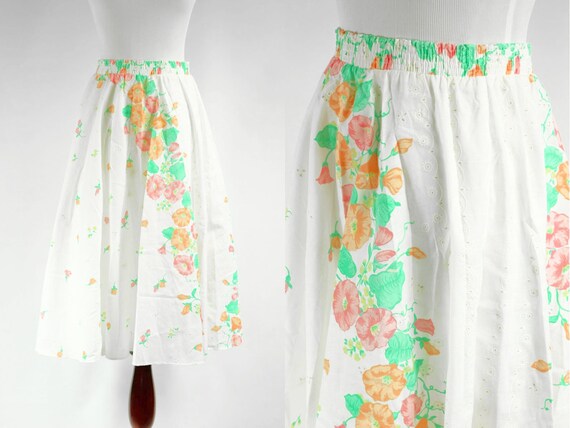 1970's White Cotton Eyelet Floral High-waisted Ela