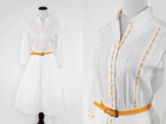1950's White Cotton Long-sleeve Pleated Shirtdress