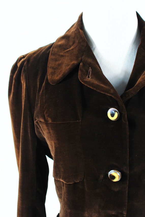 1960's Chocolate Brown Velvet Puff-sleeve Pocket … - image 6