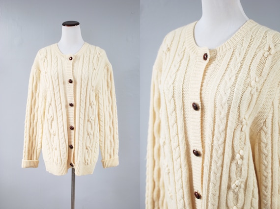 1990's Ivory Wool Fisherman Cardigan Sweater