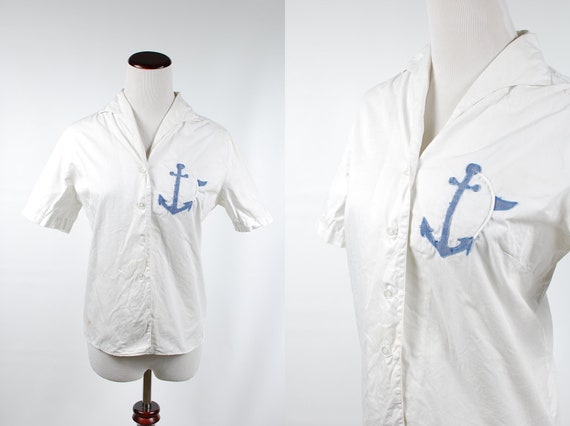 1950's White Cotton Nautical Anchor Short Sleeve B