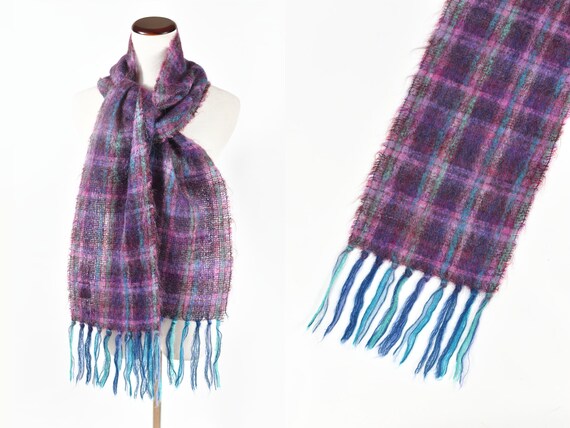 1960's Purple & Blue Plaid Mohair/ Wool Long Knit… - image 1