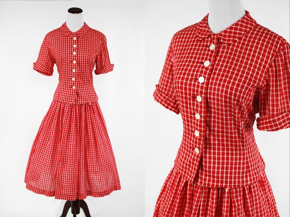 1940's Red Plaid Cotton Blouse & Skirt Set w/ Flow