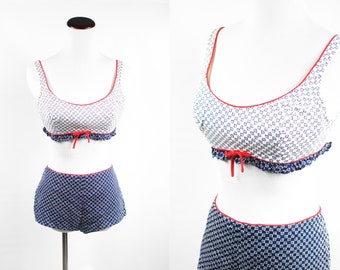 1960's Red White & Blue Floral Ruffle Bow High-waisted Bikini Set