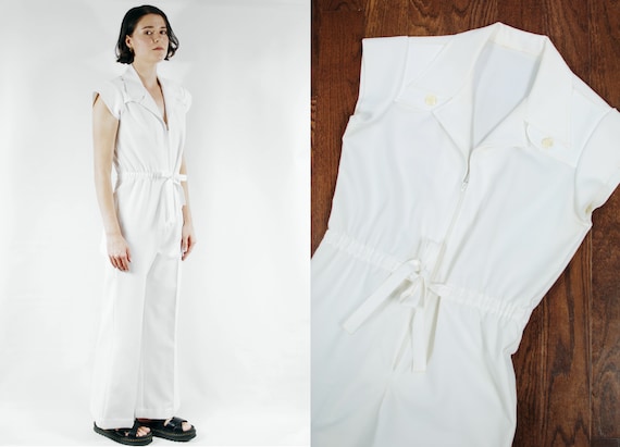 1970's White Wide-Leg Short-sleeve Jumpsuit