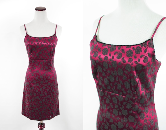 1990's Red Satin Rose Brocade Mini Slip Dress