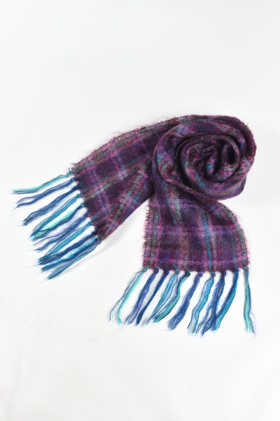 1960's Purple & Blue Plaid Mohair/ Wool Long Knit… - image 4