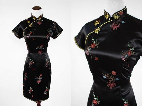 1960's Black Floral Rayon Brocade Short Cheongsam
