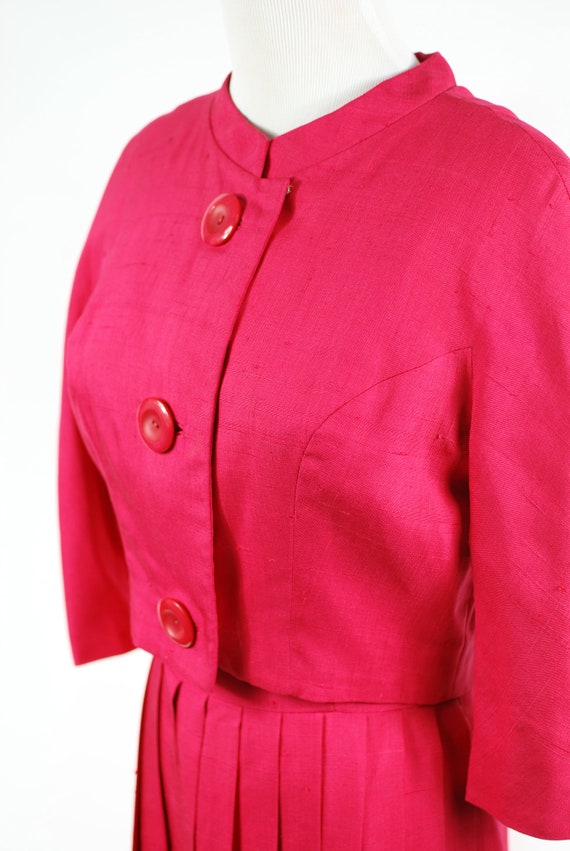 1950's Hot Pink Linen Pleated Shortsleeve Dress & Ha… Gem