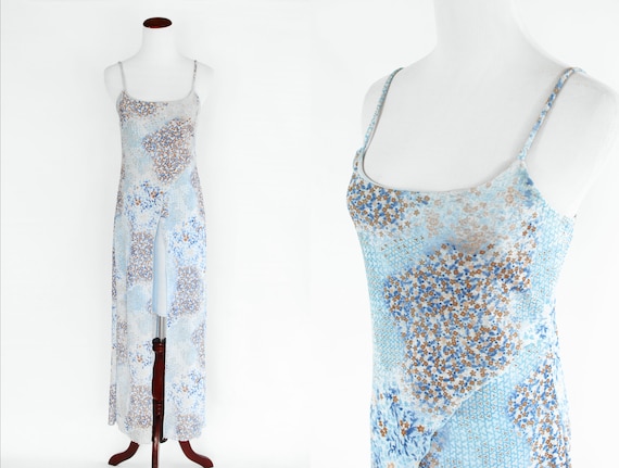 1990's Sky Blue Floral Slit Slip Dress