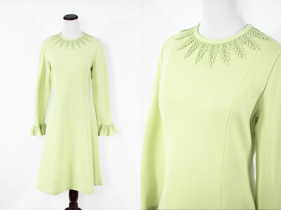1960's Green Tea Wool-blend Ruffle Sleeve Leaf Tri