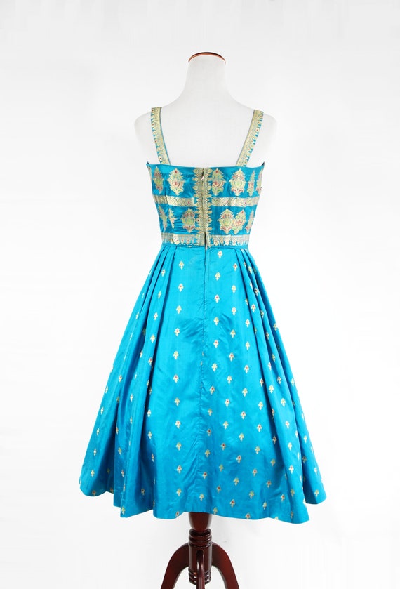 1950's Teal Blue Silk Gold Embroidered Indian Dre… - image 7