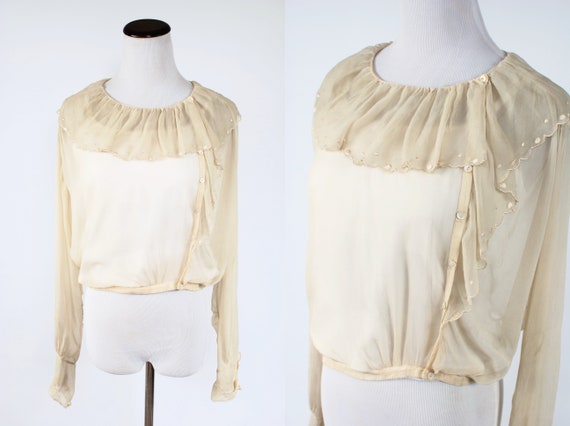 1920's Ivory Silk Sheer Long-sleeve Asymmetrical R