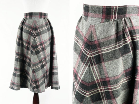 1970's Purple & Charcoal Plaid Wool A-line Highwai