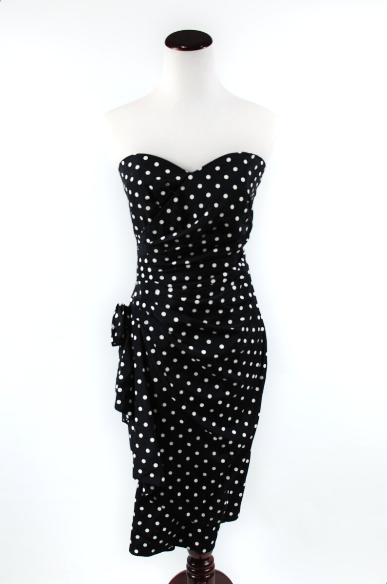 1980/'s Black Polka-dot Strapless Sarong Sweetheart Rose Dress