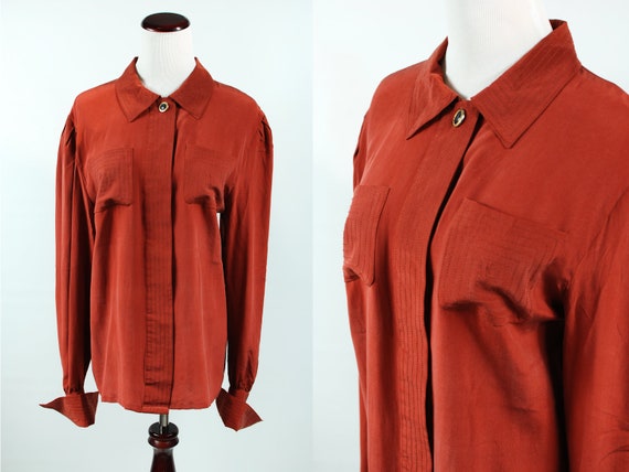 1980's Rust Silk Long-sleeve Button-up Blouse