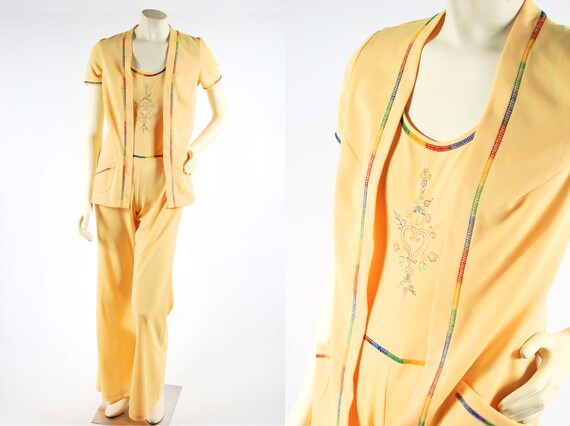 1970's Yellow Rainbow Stitched Jumpsuit & Jacket S