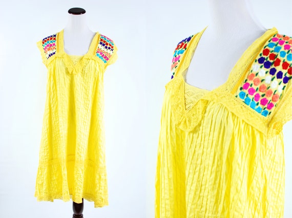 1970's Bright Yellow Cotton Floral Embroidered Pi… - image 1