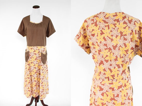 1930's Brown & Yellow Floral Feedsack Cotton House