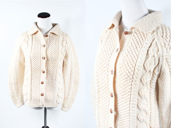 1960's Ivory Cable Knit Chunky Cardigan Sweater