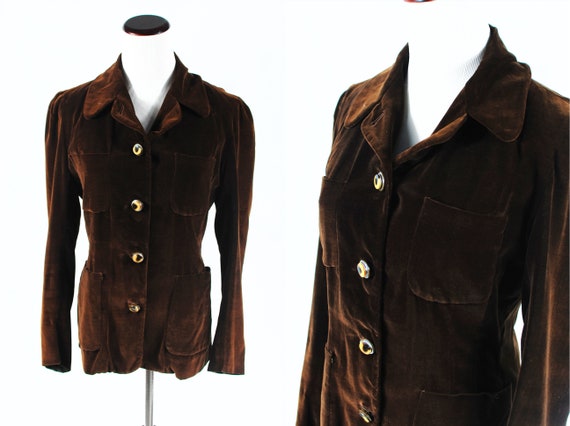 1960's Chocolate Brown Velvet Puff-sleeve Pocket … - image 1