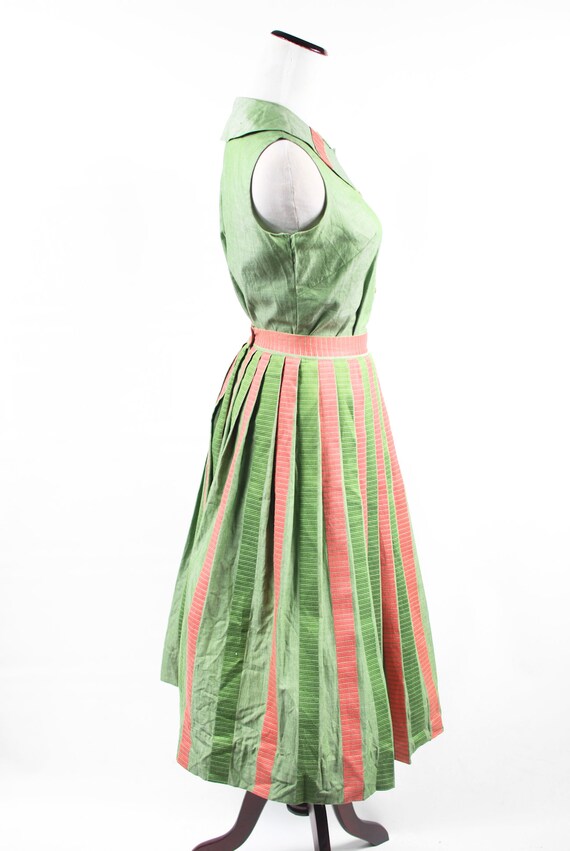 1950's Green & Pink Striped Cotton Blouse and Ski… - image 3