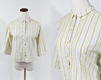 1950's Sage Green Striped Cotton 'Ship 'n' Shore' Button-up Collared Blouse