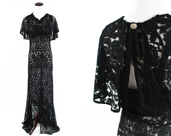1930's Black Rose Lace Cape Collar Gown