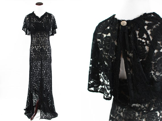 1930's Black Rose Lace Cape Collar Gown