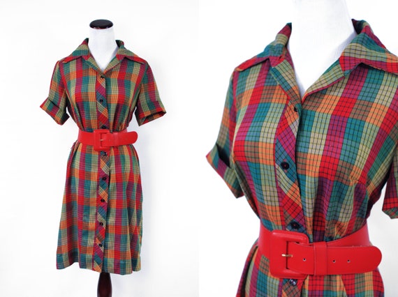 1960's Rainbow Plaid Short-sleeve Shift Shirtdress