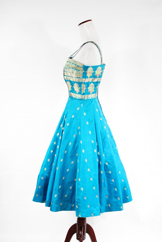 1950's Teal Blue Silk Gold Embroidered Indian Dre… - image 5