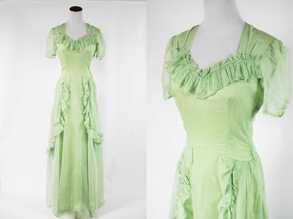 1930/'s Luna Green Chiffon Sweetheart Ruffle Gown